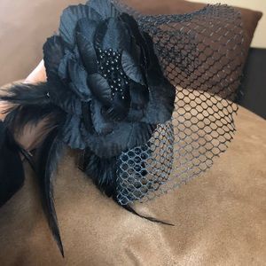 Black hair band/piece with feather,flowers & tulle